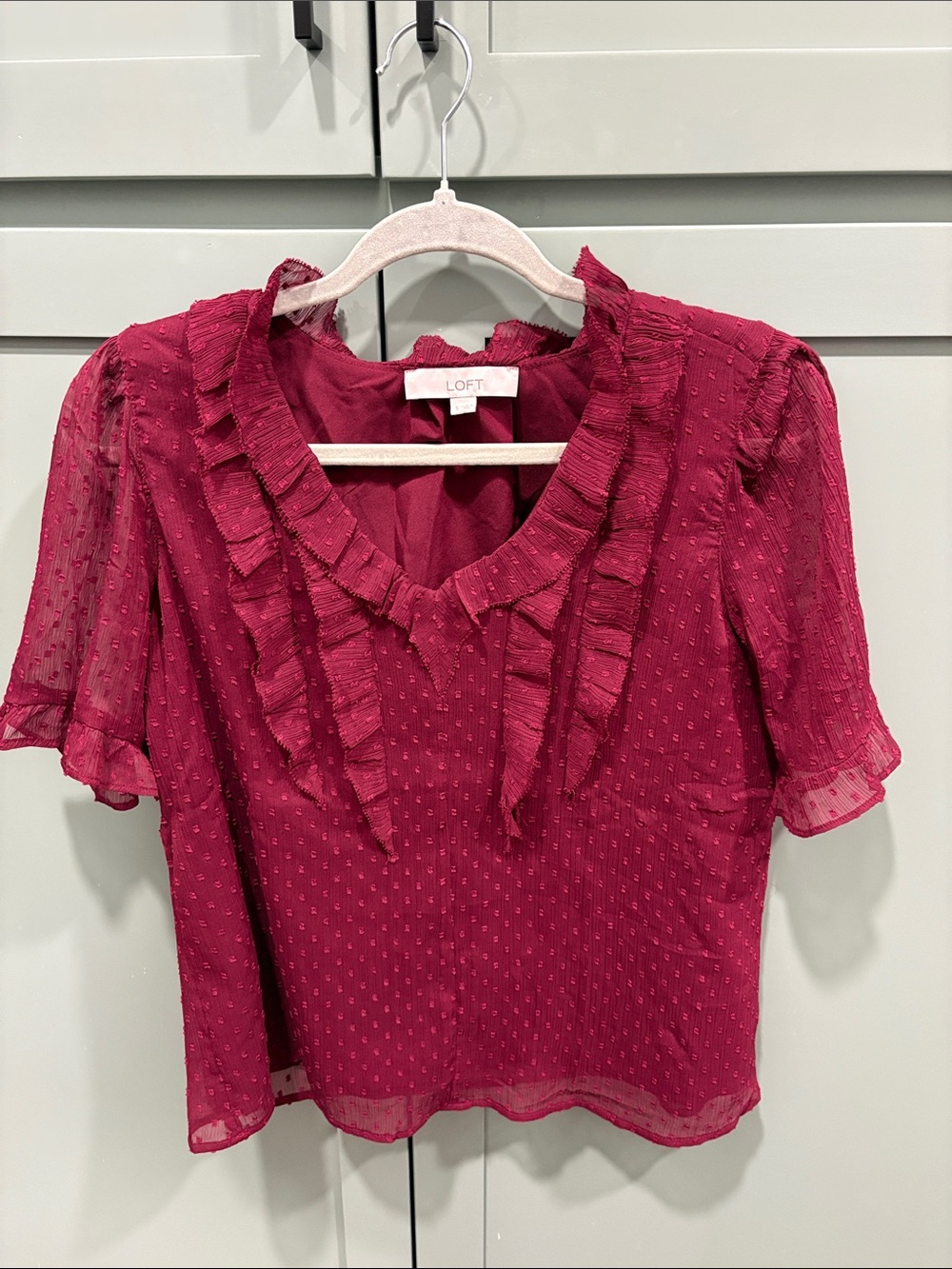 LOFT Women's Ruffled Swiss Dot Blouse in Raspberry
